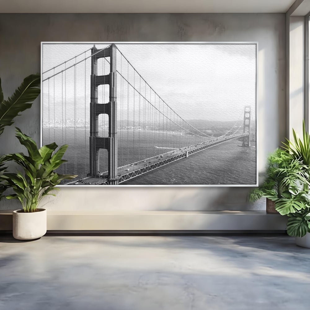 Tablou canvas cu fotografie alb-negru cu podul golden gate, in rama de aluminiu argintiu